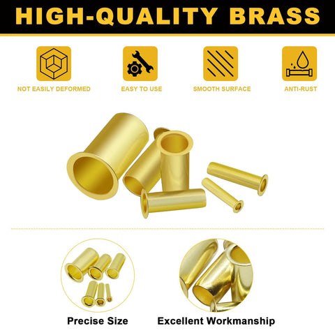 Brass compression tube inserts set for six sizes: OD 1/2-1/8 in tubing; gold finish.