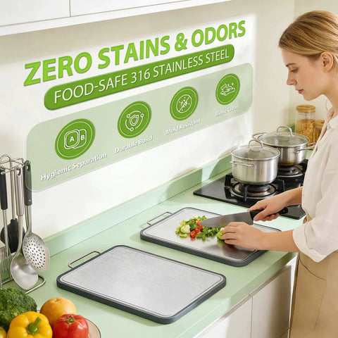 Woman using Heavy Duty 316 Stainless Steel Cutting Board 17x11 Inch Dual Sided Chopping Board For Meat And Produce With Deep Juice Grooves Food Grade Non Toxic And Dishwasher Safe AnyZone on kitchen counter.