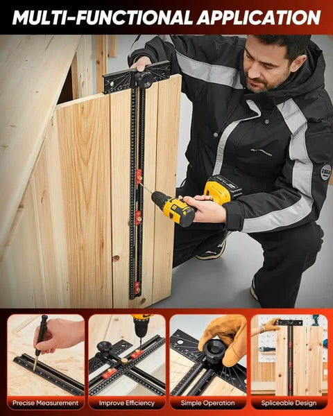 Man using 4 In 1 Scriber Marking Line Ruler 29.5 Inch Spliceable Extended T Square for DIY woodworking project on wood panel.