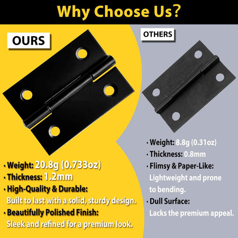 Two 2-inch black stainless steel butt hinges in a ours vs. others comparison graphic.