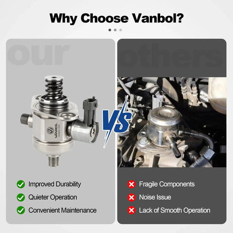 Comparison of two fuel pumps highlighting improved durability of Vanbol with a focus on Beefed Up High Pressure Fuel Pump for 3.6L V6 GM Vehicles Fits 2008 2017 Camaro Traverse GMC Acadia Acadia Limited Buick Enclave Allure Lacrosse Cadillac CTS STS Saturn Outlook Replacement Part 12626234.