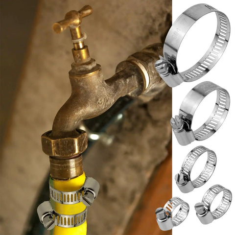 5 Piece Adjustable Pipe Clamp Set for Home Repairs and DIY Projects installed on water faucet with hose clamps assortment visible