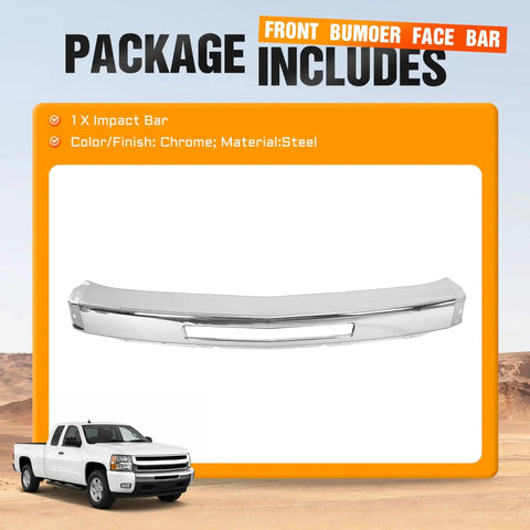 Front view of chrome steel front bumper impact face bar for Chevy Silverado 2007-2013 package includes 1x impact bar