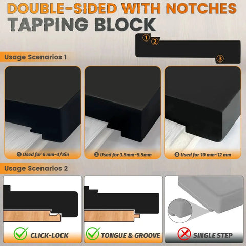 Universal Tapping Block For Vinyl Plank Flooring 3 Edges Notched Tongue Groove; black PP block with notches for various floors.