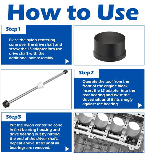 Step-by-step guide on using Cam Bearing Installation Tool with storage box for LS engine compatibility including nylon centering cone