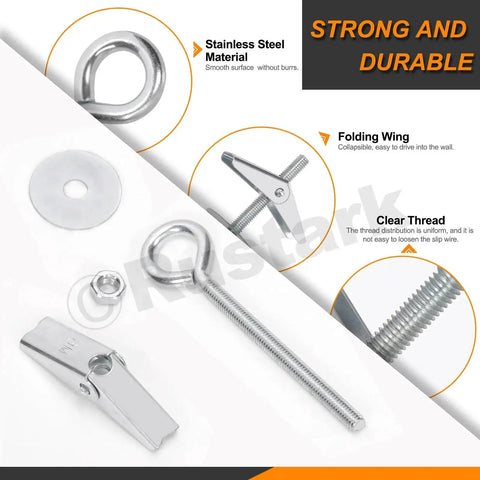 18 Pieces M4 M5 M6 O Shaped Eye Bolt Toggle Anchors Kit For Drywall Hanging Plants And Mounts shown with zinc coated steel and butterfly anchors.