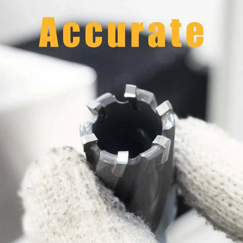 Close-up of Carbide Tipped Annular Cutter 1 Inch Diameter 2 Inch Depth With Weldon Shank For Magnetic Drill Presses Pro Grade Heavy Duty Mag Drill Bit CT 500 held by a gloved hand