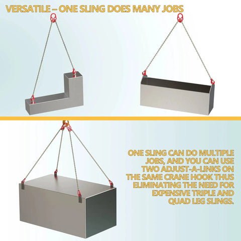 WowDIY steel lifting chains with adjuster hooks, 5/16 in x 10 ft, 7000 lb rating, shown lifting metal blocks in three views