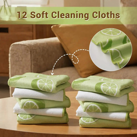 12 Pack Microfiber Cleaning Cloths For Cars And Home, Absorbent And Lint Free, folded on table with lemon pattern.