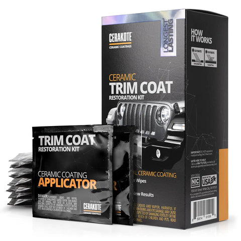 Ceramic Trim Coat Kit For Plastic Trim Restoration And UV Protection That Lasts 200 Plus Washes, A True Ceramic Coating Not A Dressing, Easy Apply, Quick Cure, Durable High Gloss Shield with applicator wipes.