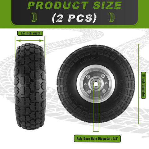 Image showing Flat Free Ten Inch Rugged Solid Rubber Wheel Set With Five Eighth Axle Bore And Two Point Two Inch Hub Offset Four Pack Of 4.10 3.50 4 Inch Wheels For Hand Trucks Wheelbarrows Garden Carts Dollies And Utility Carts Each Load Rated At 220 Lbs. showcasing front and side view, 10-inch diameter, and 5/8 axle bore.