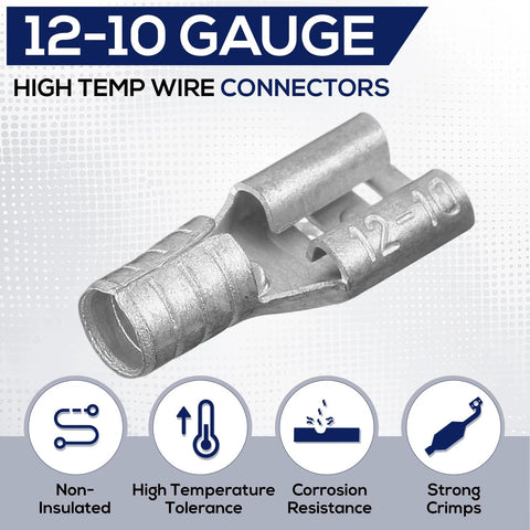 Amazon Otoolling 100 pcs high-temperature female non-insulated spade connectors, 12-10 AWG, 1/4 in female tab