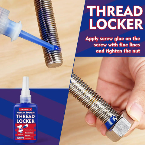 Medium Strength Blue Thread Locker For Nuts Bolts And Fasteners 50 Ml bottle next to a threaded bolt and nut.