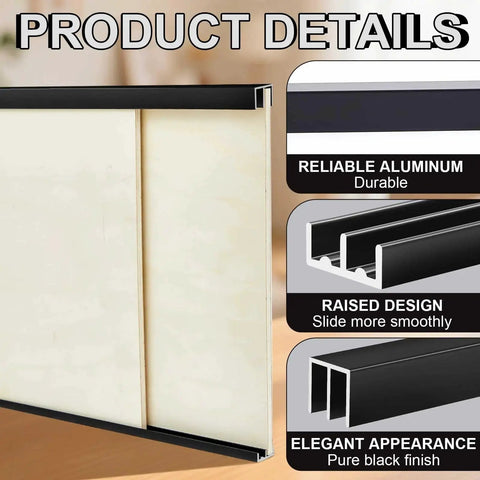 Two Pack 3 Foot Black Aluminum Sliding Door Track Set For Quarter Inch Thick Panels with illustrations of use and design features.