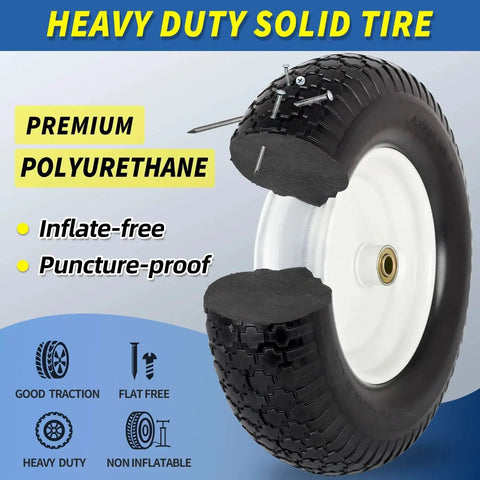 16 Inch Flat Free Solid Tire And Wheel For Wheelbarrows And Carts Size 4.80 4.00 8 with section view showing solid construction.