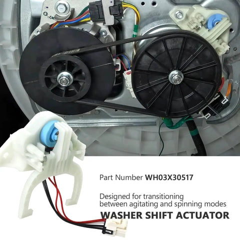 GE washer parts set: shift actuator, drive belt, clutch, and spring (4 pcs) shown inside the washing machine.