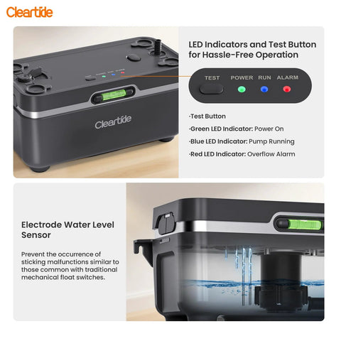 Cleartide condensate HVAC pump collage: top view with LED indicators and test button; bottom view shows water level sensor.
