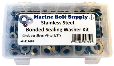 Stainless steel bonded sealing washer kit in a clear plastic case by Marine Bolt Supply; includes sizes #6 to 1/2 inch