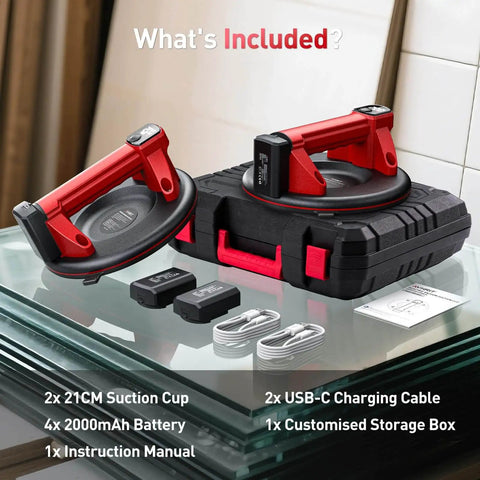 Cordless Vacuum Lifter For Glass And Tile With 21 Cm NBR Base 440 Lbs Max Load, shown with accessories and storage box.