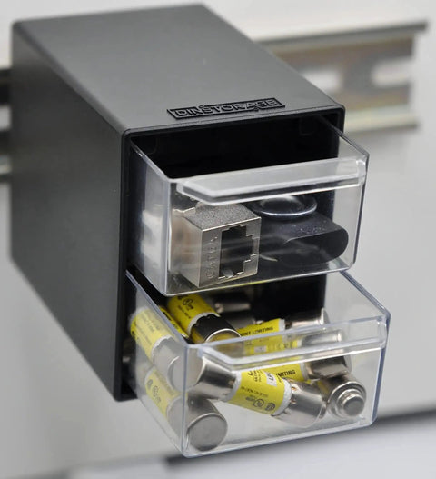 Two-Drawer Control Panel Organizer for DIN Rail Or Flat Surface With One-Click Toolless Install, holding fuses and USB drives.