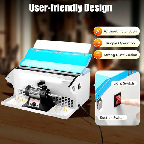 Top Notch 500W Jewelry Bench Polisher With Dust Collector And Work Light features user-friendly design, light and suction switches.
