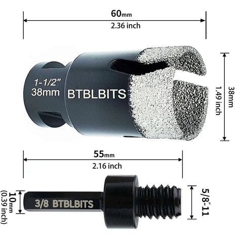 Dry Diamond Core Drill Bit For Tile And Stone One And A Half Inch 38mm With Three Eighths Inch Hex Shank Adapter And Five Eighths Inch Thread