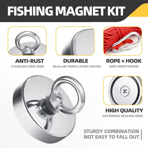 60 Mm Fishing Magnet Kit 500 Lb Neodymium Heavy Duty Retriever With 65 Ft Rope, anti-rust and durable materials, rope and hook