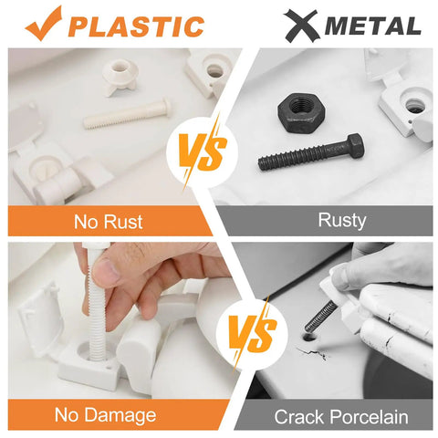 Comparison of plastic vs metal toilet seat screws: plastic with no rust or damage, metal rusty and cracking porcelain.