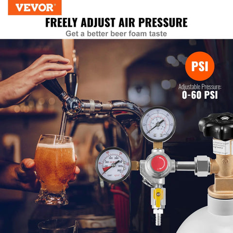 VEVOR double-gauge CO2 regulator front view for draft beer, 0-60 PSI, chrome finish with check valve