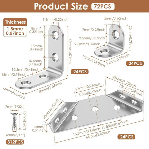 Heavy Duty Corner Bracket Set With 72 Piece Total Featuring 48 L Brackets And 24 Triangular Supports, dimensions diagram
