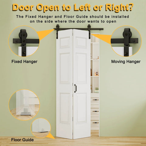 32x84 Inch Bi Fold Barn Door Set With Six Raised Panels, Paintable White Primed Finish, Pre Finished Barn Door With Hardware Kit Included, 36 Inch Track Kit For Two Closet Doors, Ideal For Pantry, Laundry Or Bathroom, Eco Friendly CARB P2 Wood – Image showing door open with hangers and guide