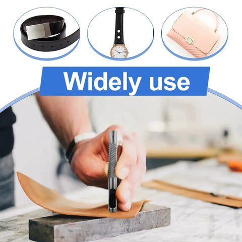 Leather Hole Punch Set 1.5mm-5mm For Belts And Leather Crafting in use, punching leather material, hand holding tool, widely used for watch bands and bags.
