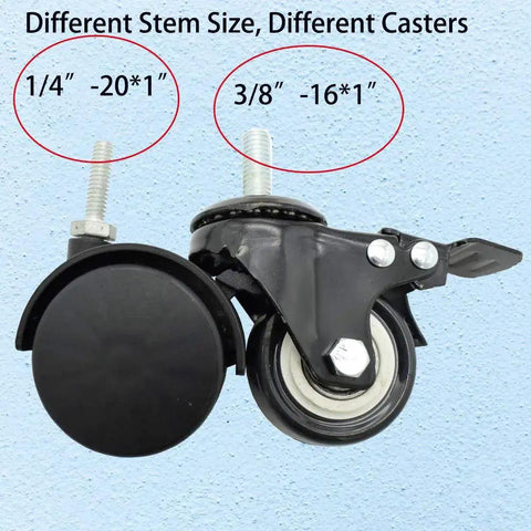 Two different sizes of swivel caster wheels with threaded stems, including 2 Inch Shelving Caster Swivel Stem Wheel With 1/4-20 Thread Stem For Small Shelves And Furniture Pack Of 4 No Brakes Durable Heavy Duty Caster For Easy Mobility And Rearrangement Of Cabinets And Racks