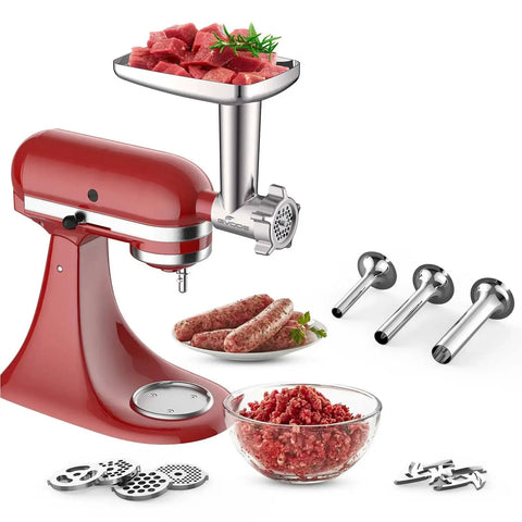 Metal Meat Grinder Attachment For KitchenAid Stand Mixers With Four Grinding Plates Three Sausage Stuffer Tubes Two Grinding Blades