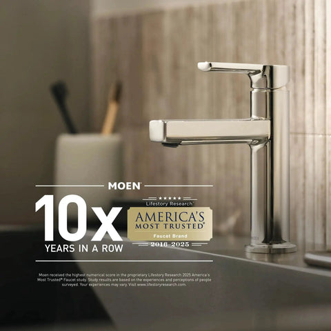 Moen faucet with America's Most Trusted award in kitchen setting