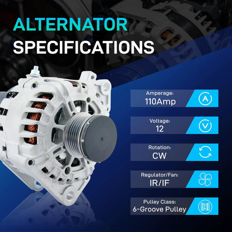 110Amp 12V 3-Pin Drop-In Alternator Replacement For 2007-2013 Altima L4 2.5L, 2013 Altima Coupe S, with specs displayed