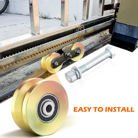 Beefy 4 Inch V Groove Gate Wheel Set For Sliding Doors With Solid V Track, Double Bearings And 3000 Lbs Capacity, shown with screws