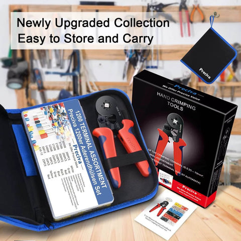 Ferrule Crimping Tool Kit With 1200 Insulated Terminals, Self Adjusting Ratchet Crimp Tool in storage case on table