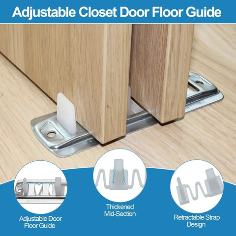 Sliding Closet Door Roller Kit With Floor Guide For Top Hung Wardrobe Doors Replacement Hardware Includes Track And Adjustable Guides Fits Three Quarters Of An Inch To One And Three Eighths Inches Doors close-up view of floor guide installed.