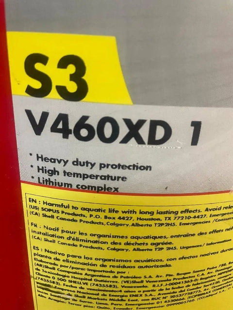 Label of a V460XD 1 heavy-duty high-temperature lithium complex grease container with safety warnings.