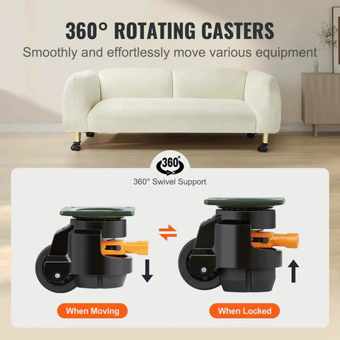 Leveling Casters Set Of 4 With Height Adjustable Handles, Heavy Duty 360 Degree Swivel Wheels, 2 Inch Diameter, 1100 Lb Total Load Capacity, Adjustable Feet For Workbenches And Machines, Smooth Rubber Pads For Stable Rides on sofa