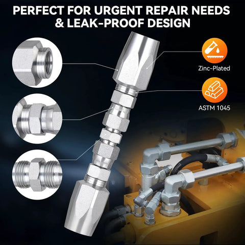 Hydraulic Hose Field Repair Kit With Three Diameters One Quarter Inch Three Eighths Inch And One Half Inch Inner Diameter Plus Six Small Repair Parts Reusable 08 R2 Two Wire Fittings Go To For R2 R16 R17 R19 2SN 2SC Hoses Up To Four Thousand PSI By shown with assembled connector and specifications.