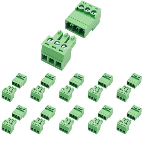 3 Pin 3.81mm Pitch Screw Terminal Block Connector Pack Of 10 Sets Pluggable PCB Mount No Soldering Needed displayed on white background