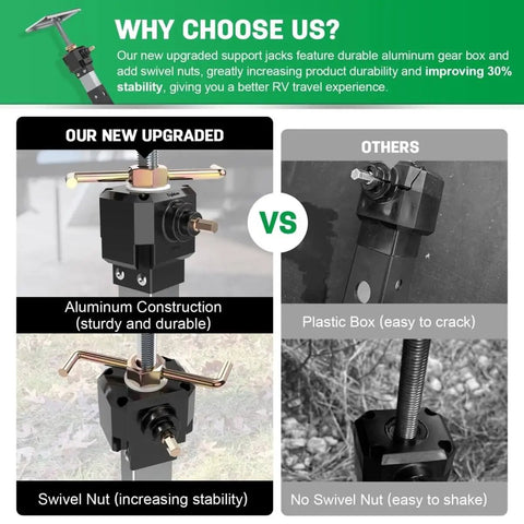 Comparison of Beefy Heavy Duty RV Slide Out Stabilizer Jacks 13 To 26 Inch Electric Drill Adjustable 2 Pack showing upgraded features.