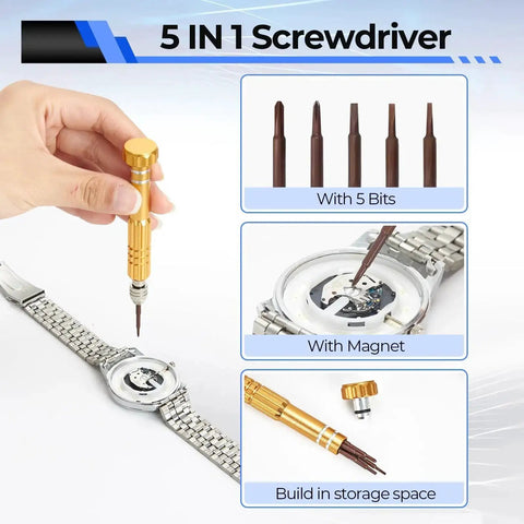 5-in-1 screwdriver from 192 Piece Watch Repair Kit Heavy Duty Tool Set With Link Remover Battery Replacement Tools Back Remover Openers Pins Tweezers Hammer Anti Magnetic Screwdrivers PU Leather Case DIY Pro Kit And User Manual shown in use for watch repairs.