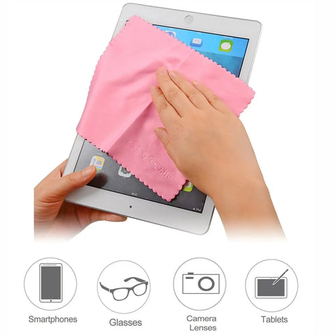 Hand using pink 10 Pack Microfiber Cleaning Cloths 7x6 Inch for Phones Tablets Laptops Glasses on tablet screen