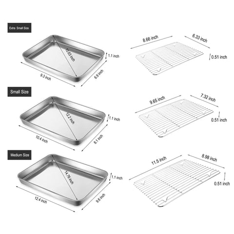 Different sizes of small stainless steel serving trays with cooling wire racks set 304 grade, mini baking pans shown with dimensions.