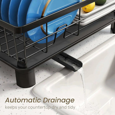Space Saving Dish Rack For Small Kitchens With Utensil Holder And Drainboard, angled drainer, automatic water flow into sink