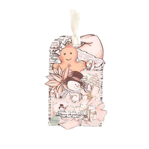 Stitched Pocket Tag Die Cut Set Of 3 For Card Making And Gift Tags, featuring decorated tag with gingerbread and snowman accents.