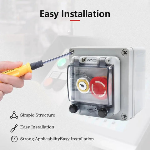 Installation of IP67 Outdoor Waterproof Button Switch Box With Emergency Stop Button Protective Cover shown with screwdriver